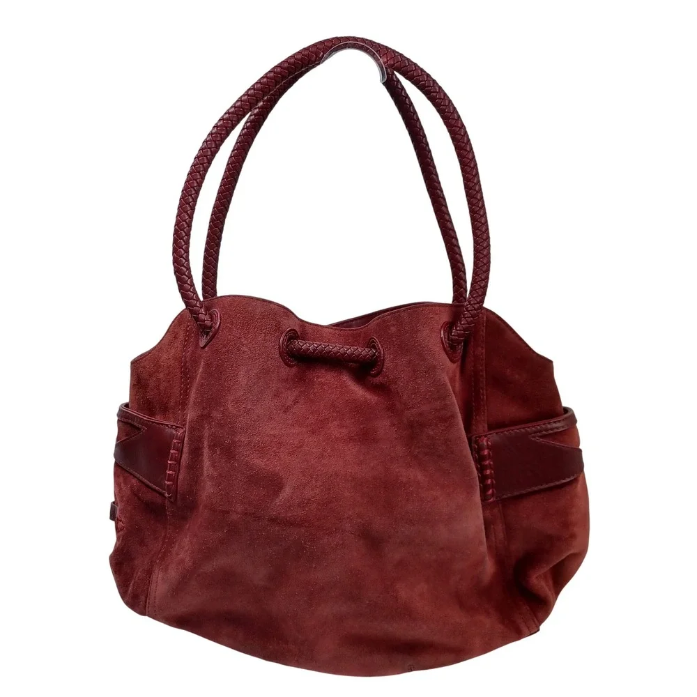 Cole Haan Burgundy Suede Leather Braided‎ Handle Shoulder Bag Whipstitch Hobo
